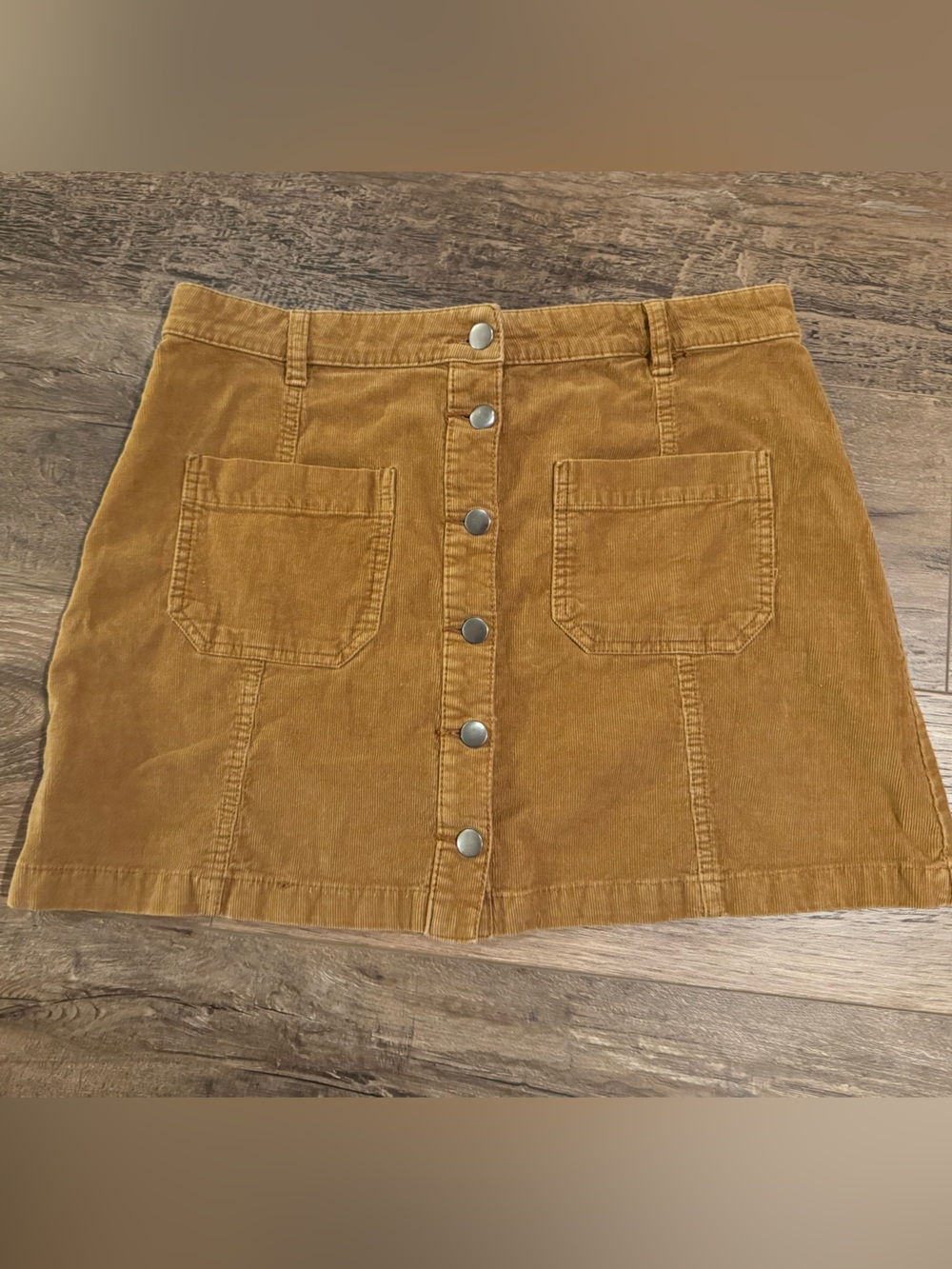 Wild Pearl Button-Front Corduroy Mini Skirt in Camel Brown